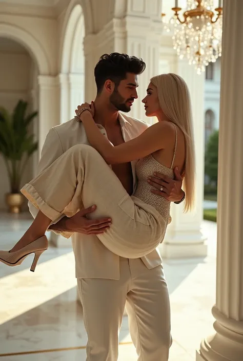 Realistic style latin image couple full body , Kylie jenner woman face  , calvin man face  , straight blonde hair woman , by the black man,  man carrying woman , gucci clothes , in a white mansion 