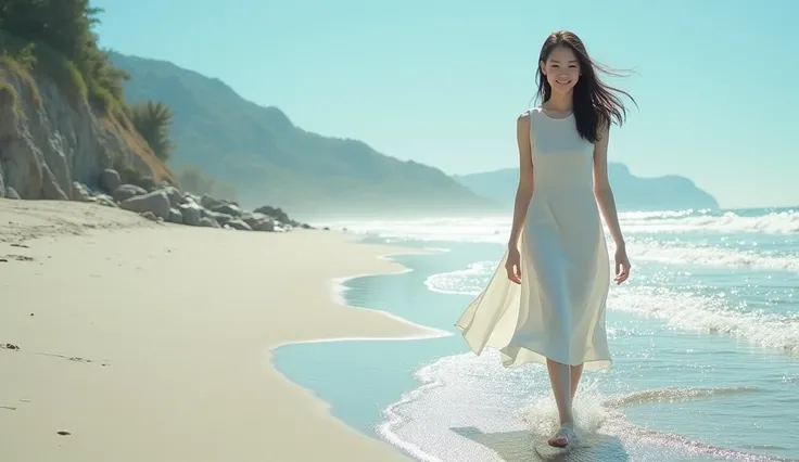 Real Photo,High resolution, Anatomically correct, High detail, Highest quality, A 20-year-old pure Japanese woman, Gentle smile, White sleeveless knee-length long dress, Long dress, Late summer beach walk, walk, Natural beaches, Blowing in the fresh breeze...