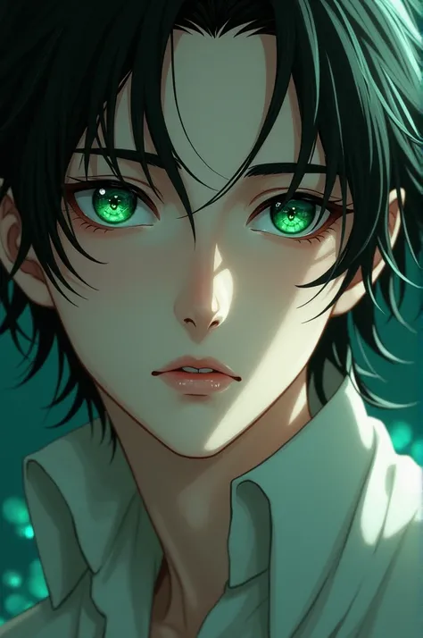 Close up photo of The character is a 2 male. The character is White race, very fair skin and has black hair, emerald eyes. he is Very handsome. I cant breathe you just said that expression. Animated art inspiration.  Artistic. Ultra high quality.