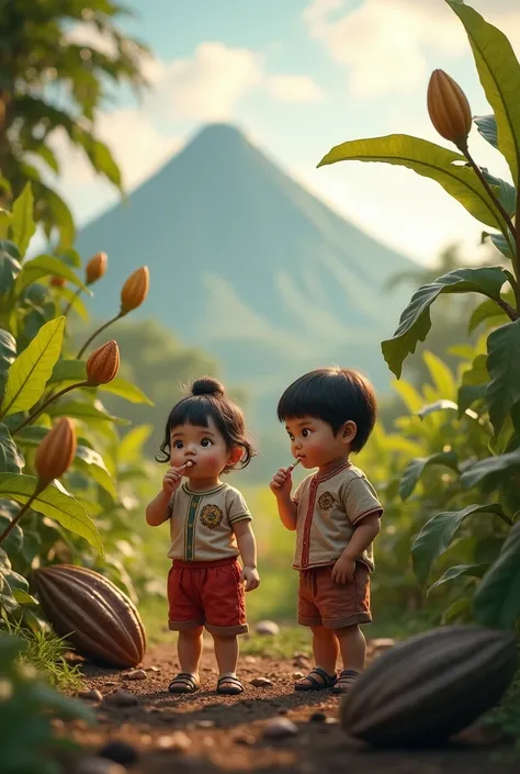 Indonesian children, 2, man, smoking, in the middle of a chocolate garden, Mount Merbabu background 