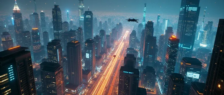 A CITY SEEN FROM ABOVE, EXTREMELY ILLUMINATED CITY, EVOKING THE IDEA OF TECHNOLOGY AND FUTURISM, THE CITY IS ILLUMINATED AND PASSING FLASH LIGHTS IN BLUE AND ORANGE COLORS, CYBERPUNK STYLE, TECHNOLOGY, FUTURISM, CONNECTION, CYBERPUNK, ULTRA DETAILED, HIGH ...