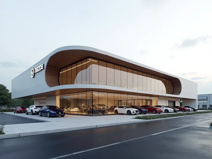 create a dealership where you use the Mazda brand,  use stright lines without, based on the brands Kodo design philosophy, for the exterior also use the curved lines of its logo