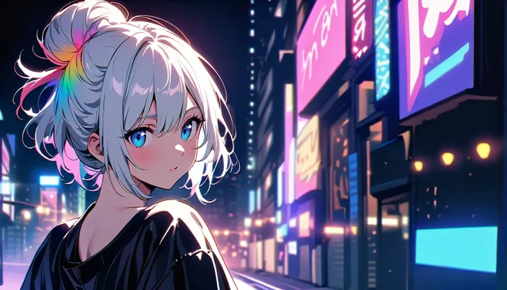 HD 8k Handsome sexy-cute, Solitary, 1 HD-8k Human focus female, looking away Medium Length Hair, white hair, Rainbow hair, hair bun, blue Eyes, Big white style, background is 1980s City-Pop Night Tokyo, vibrant, cityscape, night