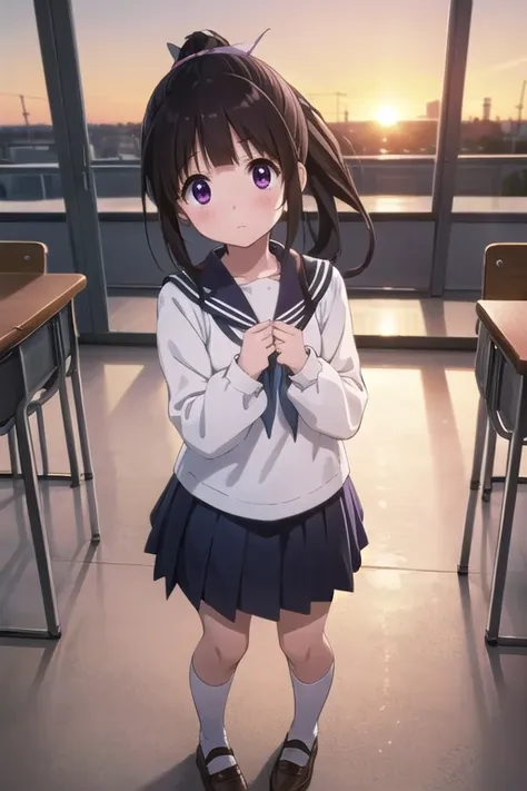 masterpiece,one girl,,blush,sunset,classroom,(good luck) clenched hands, viewer looking up chitanda eru,shining eyes,close,long ...