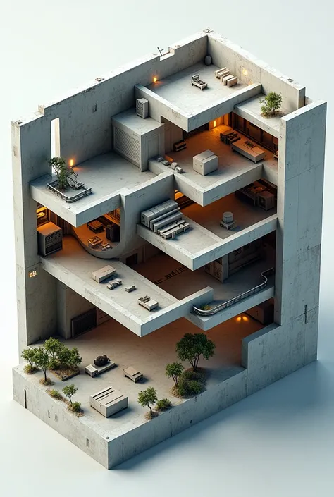 3D model, house in section, bunker, a lot of details, future, building plan, view from above, A lot of rooms