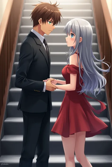 A 2 anime guy with brown hair and sharp green eyes is wearing a formal suit and has a serious expression at a . An 1 girl with long gray hair and blue eyes is standing next to him in a short, fluffy red dress and medium-heeled shoes. She shyly grabs his wr...