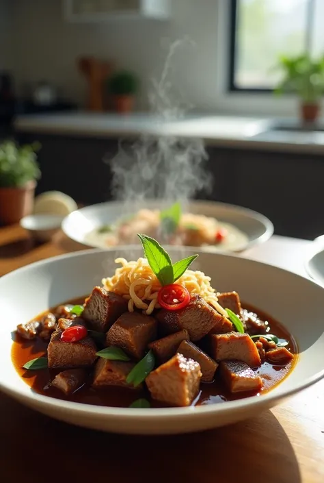 “Traditional dishes from West Sumatra/Indonesia, made from diced beef cooked in a dark brown sauce, served on a pure white plate with a minimalist design, shaped like a round bowl. Garnish with sliced red chili and crispy fried onions.. The kitchen should ...