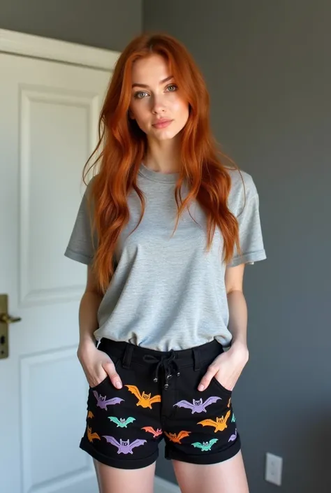 A woman with long, reddish-brown hair. She is wearing a light gray t-shirt paired with black shorts that have a pattern of colorful,cartoonish bats. The background appears to be a room with a white door and a gray wall.