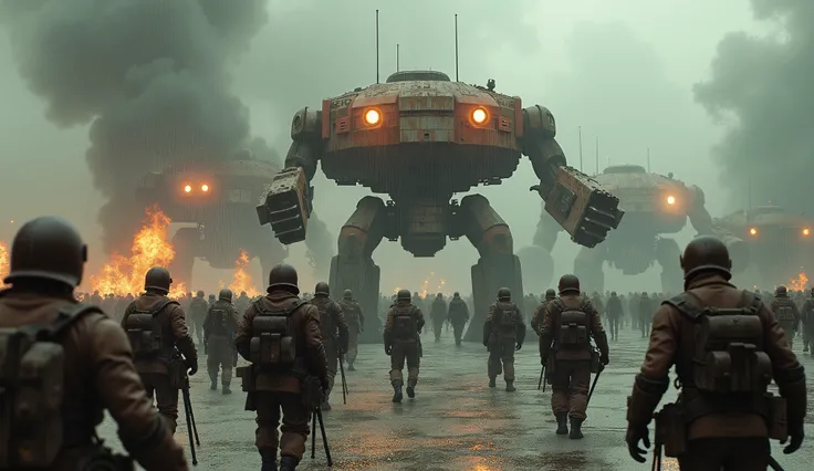 (Masterpiece.UHD.photorealistic analog photography. 1950 style) In a dystopian retro futuristic world. An intense confrontation between a group of human soldiers in bullet-riddled dieselpunk  armor and a group of 1930 rusty and clunky evil war robots with ...