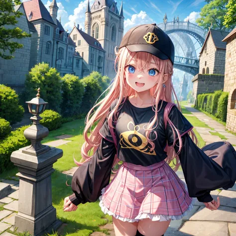 Pink Blonde、blue eyes、Wavy Hair、Hair tied up、Two cute、Checked mini skirt、Black T-shirt、Black knee-high socks、Wearing a baseball cap、Teeth are visible、Monster Castle、Tilting face、grass、In front of the city gates、Underground tunnels、Iron suspension bridge、Th...