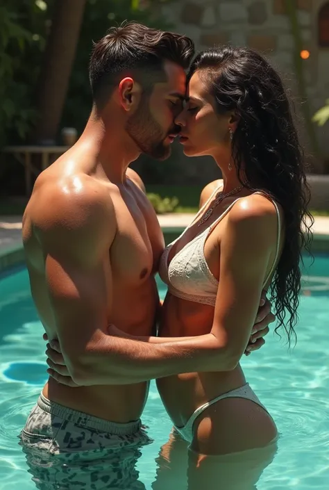 Two lovebirds are having sex in the swimming pool in the doggy style position,big breasts,big dick,epicrealism,screamed in delight,sweat dripping