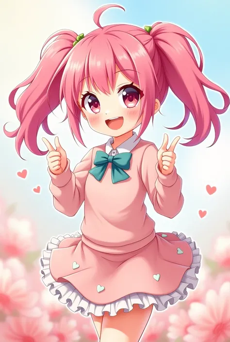 cute anime girl with pink hair showing two thumbs up with a smile