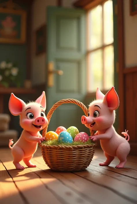 A straw basket with several colored eggs in the hall and two little pigs looking at the basket, 3D cartoon style, cinematic