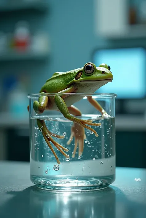 Scientists took water in a container for research, caught a frog and released it into the container full of water.