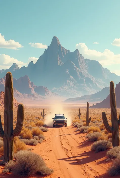 You are traveling while driving in a vast desert area. There is a vast mountain range in front of you. There are cacti and other desert plants in front of him. Describe the situation with an emphasis on the connections, space and form.