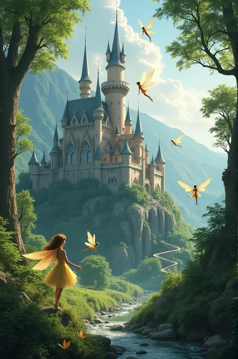 Fantasy world with creatures like fairies and castle