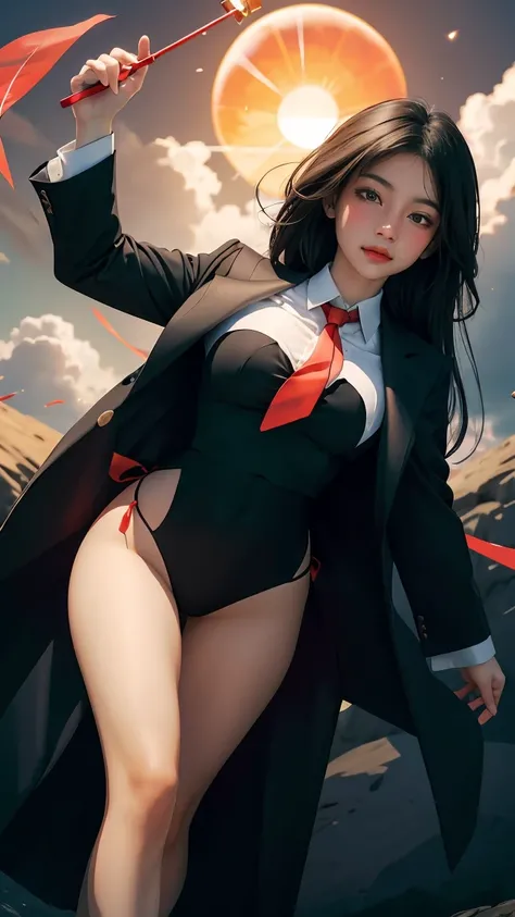 ((Masterpiece, best quality, very detailed), Volumetric light, surrounding occlusion, Rich and colorful, glow), 1 woman, , young girl, (Smooth black), long hair, radius, sacred, goddess, CEO Luke, (black suit, White shirt and red tie:1.3), long black coat,...