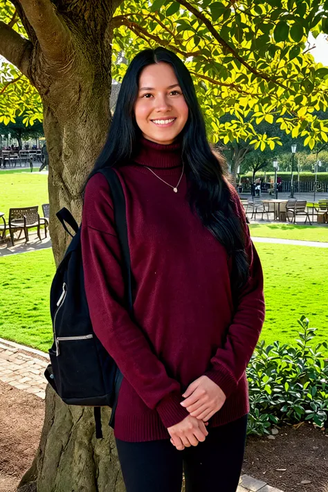 
Please make me a photo of a young woman with long black hair standing next to a shady tree. She wears a maroon turtleneck sweater and black leggings (full body gemoy)). He smiled and looked at the camera. His white sneakers are visible. There is a black b...