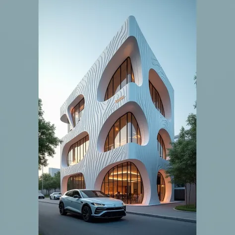  KTHOUSE Company office,Line parametric resturant commercial building, It is a building with the briteness word "KTHOUSE" in orange ON THE BUILDINGS :1.2, exterior view),  a car is parked in front of a parametric resturant , realistic architecture , concep...