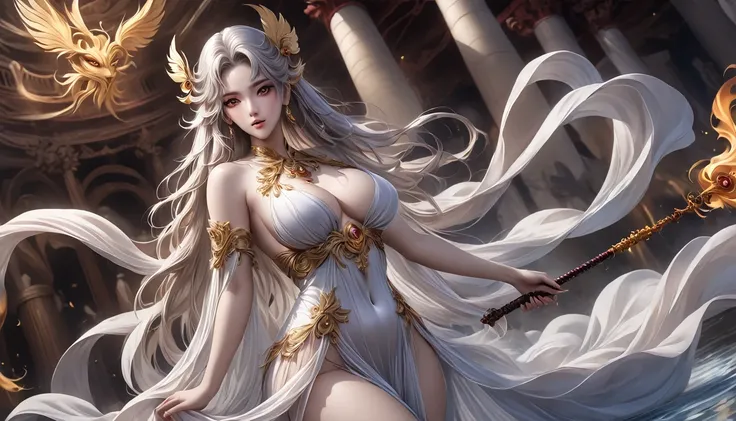 high quality,HD,16K,Sharp Line,1 Girl,fantasy, （Fire and Ice Spirits）,Pretty Face, Large Breasts, Beautiful legs,In the water,Focus Girl,detailed Pretty Face,Detailed clothes,beautiful eyes,Cool,Sexy,Dynamic Angle,穿着华服的神明Strike a pose拍照, Ancient mysterious...