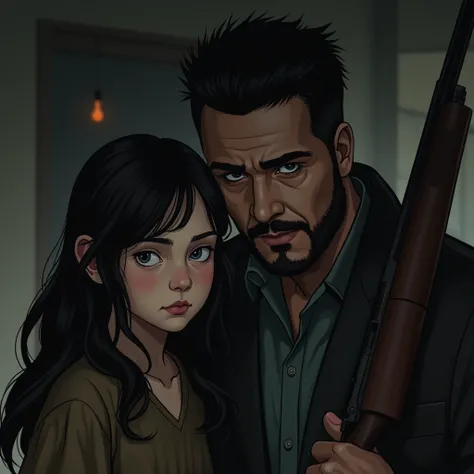 The dark-haired man with a small beard and quiff hair, grab your hunting rifle. And her daughter is a white, dark-haired girl, about ., are you talking to your father?, Theyre indoors.
