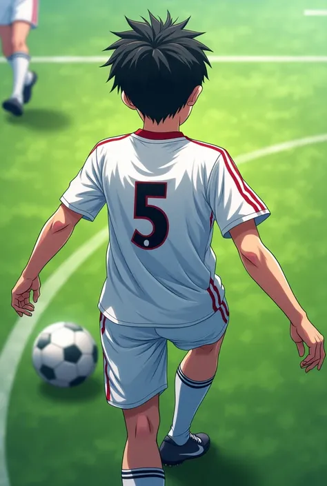 A Anime boy play Football her age 17 her back side Jersey number 5 her name niloy and her jersey colour white.