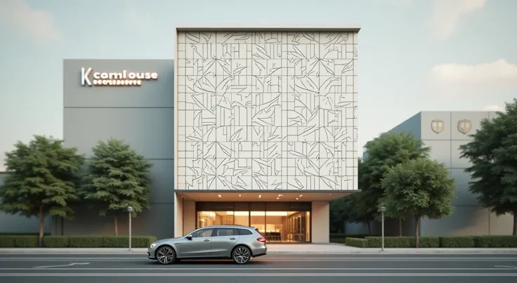  Line parametric office commercial building, It is a building with the briteness Worrd "KTHOUSE Architecture"  in WHITE  ON THE BUILDINGS :1.2, exterior view),  a car is parked in front of a parametric resturant , realistic architecture , concept commercia...