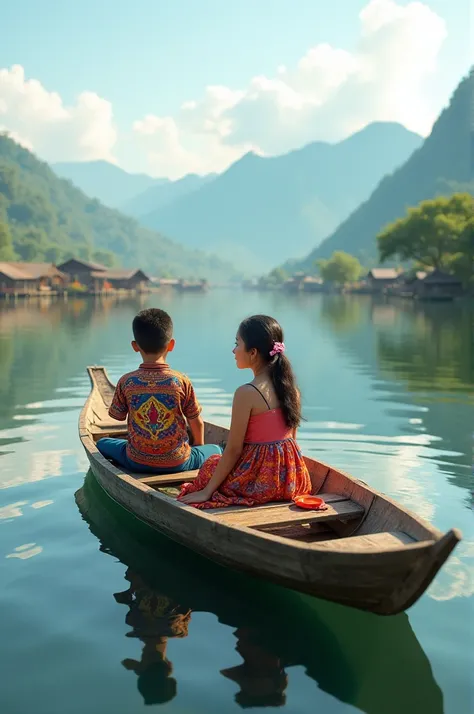 A Shan boy and a Shan girl are enjoying the scenery on a boat in Myanmars Inlay Lake