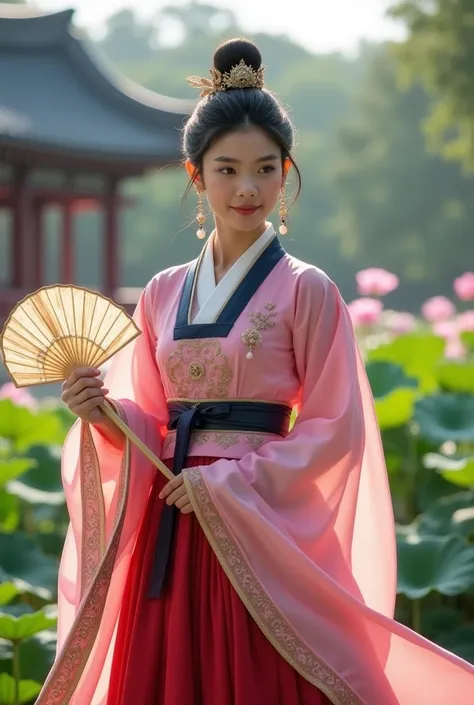 A graceful princess from the Joseon era, adorned in traditional Korean attire that reflects the periods sophisticated fashion. She stands poised in the center, wearing a vibrant pink jeogori, a blouse with intricate gold embroidery that extends to the edge...