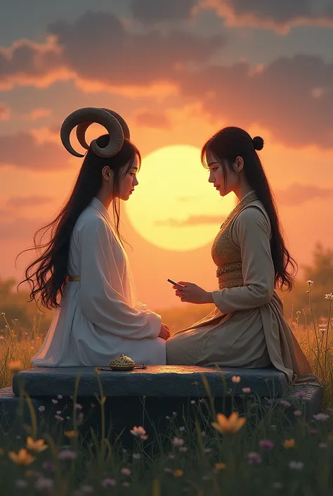 4k, a 1 Korean model woman wearing a white dress with ram horns on her head with loose hair sitting drinking tea with a slender woman wearing a gold armor vest with gold armor and loose hair ,amulet on a square stone with a stone table made of round stone ...