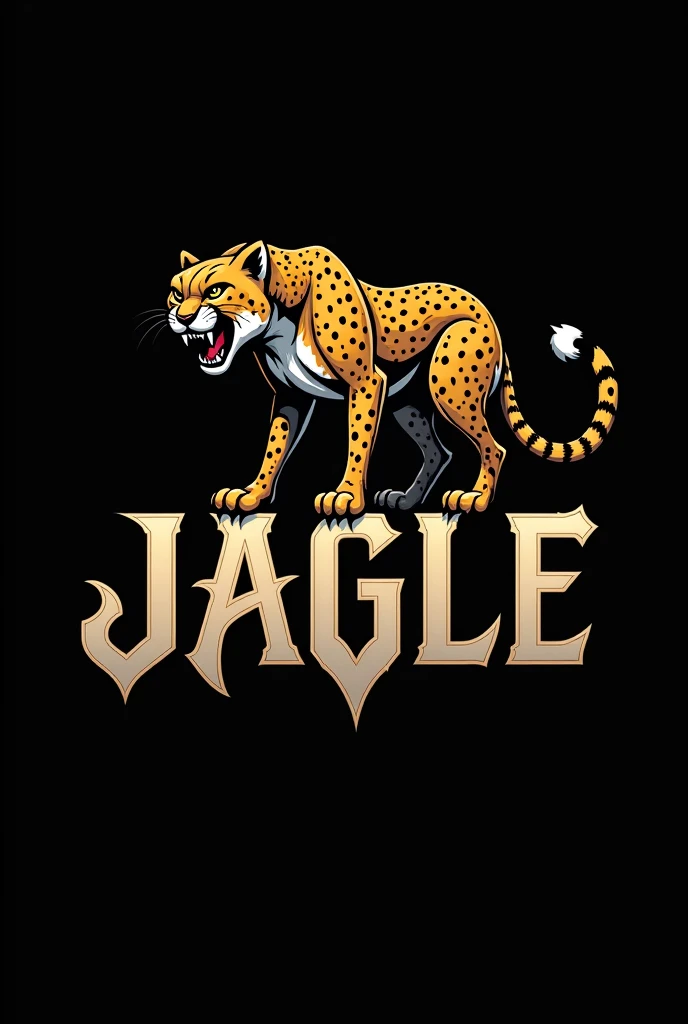 my brand name is JAGLE create a logo cheetha laying on the name with angry and scary eyes J letter mix with cheetha tail

