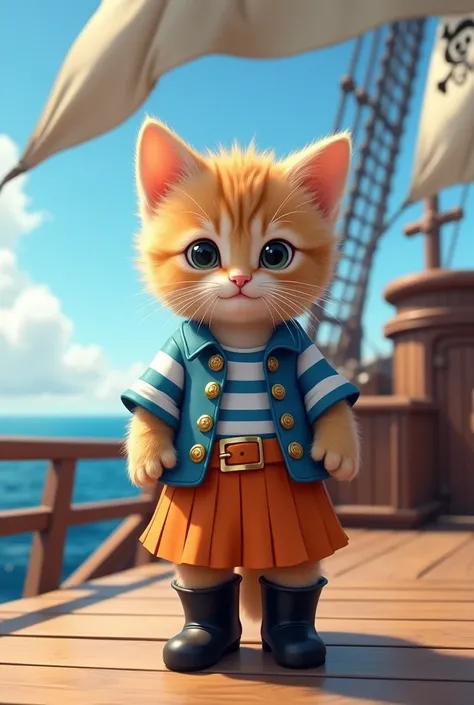 kitten　cute　One Piece Nami Costume　pirate ship background　Real