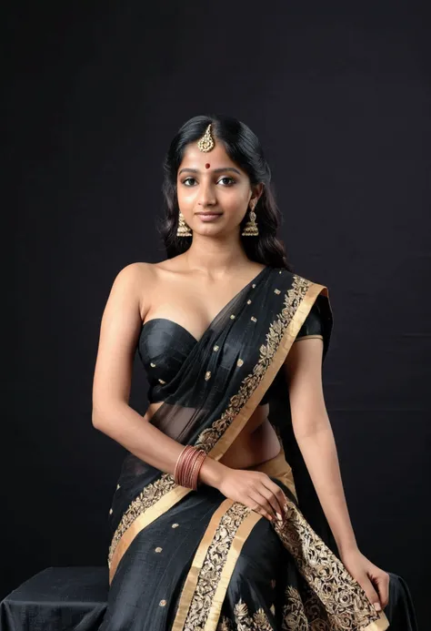 a beautiful young indian woman, desi, take off your sari, showing your breasts. she is sitting on a black cube. black infinite b...