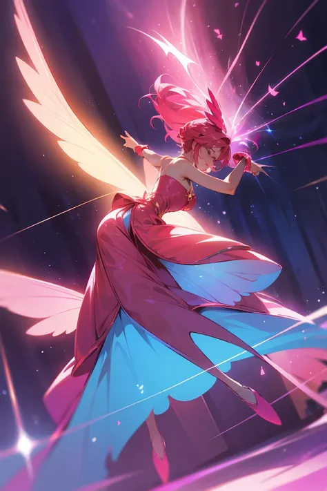 Illustrate a female D&D fairy with red-to-pink ombre hair. She wears a stunning blue outfit and has vibrant red wings. She is dancing gracefully in a grand ballroom, with warm, glowing lights illuminating the scene. The atmosphere is elegant and magical, w...