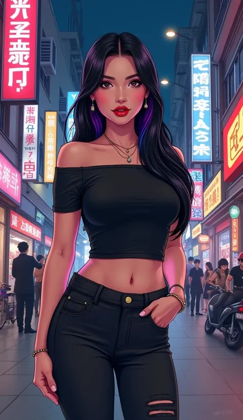 Create a detailed drawing of a busty Asian woman figure with black hair for a mockup in a modern and vibrant urban setting at night with neon lights and beautiful shop windows.. He should have worn a black shirt. The pose must be confident, like a model in...