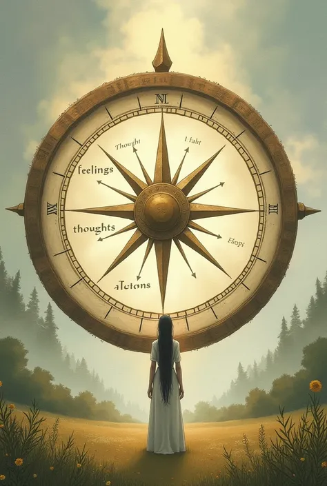 Create a drawing featuring a person standing in front of a large compass. The compass is divided into three sections labeled Feelings, Thoughts, and Actions, with a needle pointing to Balance in the center. The person is shown adjusting the compass, repres...