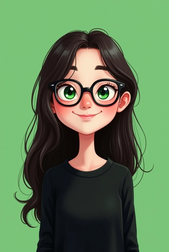 A skinny girl smiles with long black hair and glasses, slightly made up, green eyes and a black sweatshirt in a cartoon 2D style on a completely green background