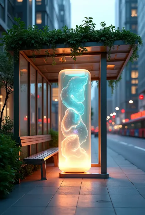 Bus stop with an air purifier that is rectangular and thin, that has transparency, that illuminates, that looks like a lava lamp , that it is located on the left side that it has charging centers with a solar panel above that it is in the middle of a city,...