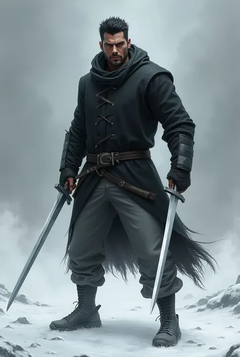 male man, black short hair, Black eyes, Black winter shirt, Grey pants, Grey shoes, Two swords in white, Angry features, I grow