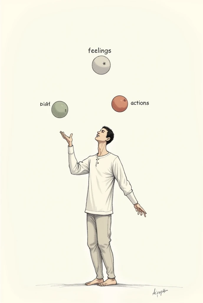 Create a drawing of a person juggling three balls labeled Feelings, Thoughts, and Actions. The character should be depicted in a focused and balanced manner, illustrating their ability to manage and maintain control over these aspects. The background shoul...