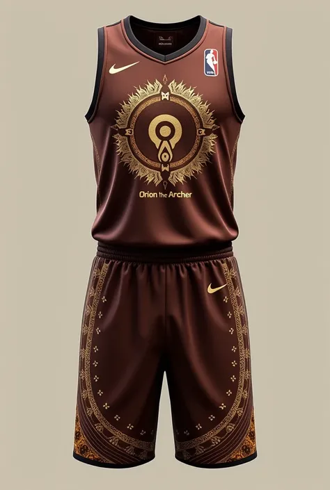 A constellation and tribal inspired brown basketball jersey with shorts. It must have an Orion the Archer logo and a number. The shorts and sando must have a complementing design. Just show the jersey design, no model. 