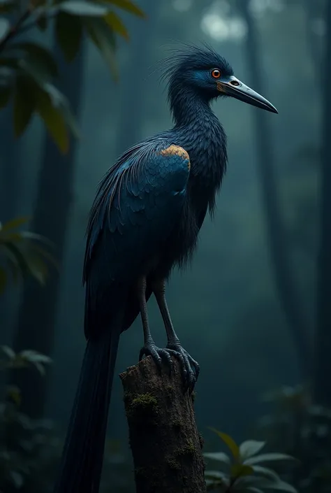 Murai batu long tail:1.5, standing on a tree trunk, dark background is very dark night, hyper realistic image, masterpiece, mystery, mystic, imposing, majestic, HD, 8k