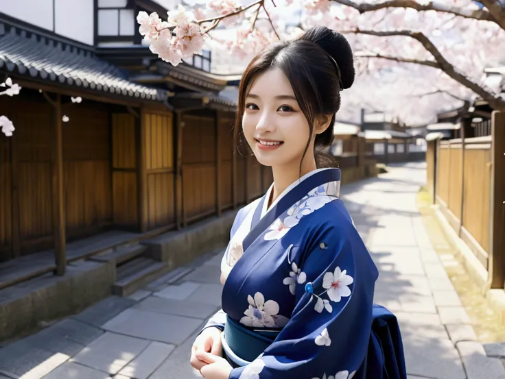 smile、8K quality、Highest quality、Beautiful Eyes、Healthy body shape、Traditional Japanese Beauty、In the charming streets of the ancient capital、A beautiful woman in a kimono standing among falling cherry blossom petals。She is wearing an elegant blue kimono、柔...