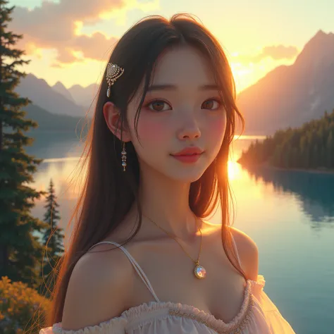 1 girl, happy expression, charming eyes, straight long hair, flowing skirt, big, looking at the sun, calm posture, porcelain-like skin, subtle blush, crystal pendant BREAK Golden Hour, (edge lighting): 1.2, cool colors, sun flare, soft shadows, bright colo...