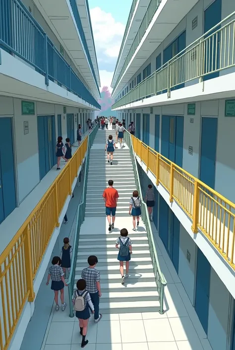 Sketch of a perspective view of a grey school building staircase with first and second floor with yellow railing and a lots of students walking in a boring blue and white checked uniform and a teacher walking on the first floor in a red T-shirt and blue pa...