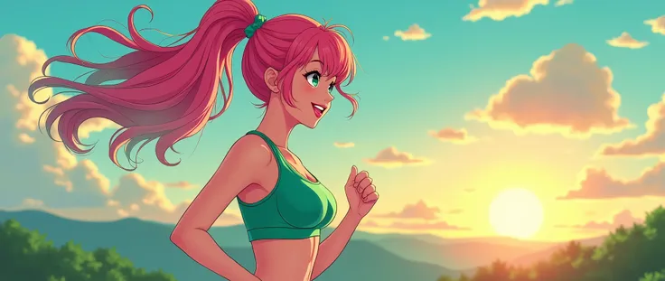 a solo, girl, green sports bra, ultra detailed face, ultra detailed eyes, ultra detailed iris, pink hair, green hair, crystal clear eyes, crystal clear iris, ultra fine detail on eyes, ultra fine detail on iris, ultra fine detail on face, cute smile, chubb...