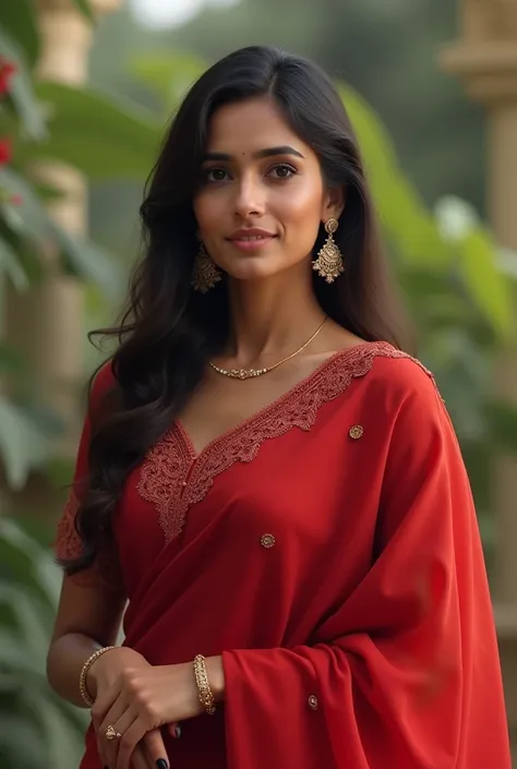 Indian lady in a red saree in lace type blouse