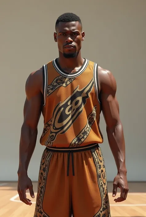 Brown basketball jersey. The shorts and sando should have one continuous tribal design. 