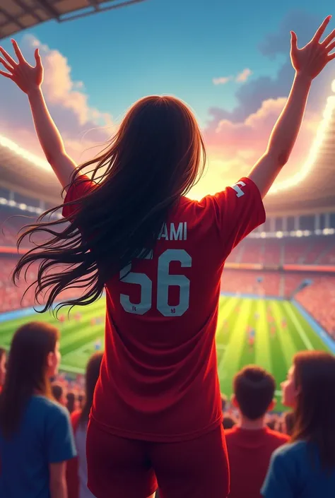 Beautiful girl in stadium watching the football match long hair her back number 56 name is Maham she is cheering for the team 
