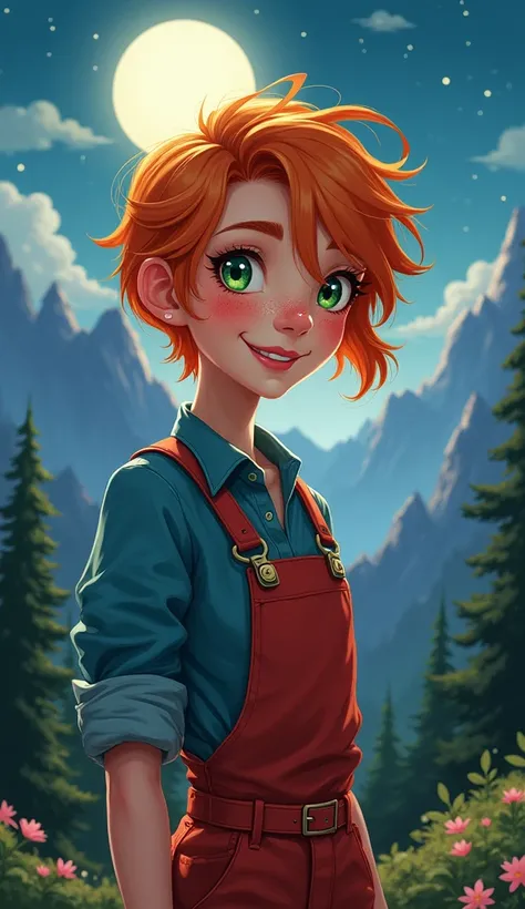 One girl, sxfrances, short hair, Orange Hair, Green Eyes, freckles, smile, Red Overalls, Blue Shirt, Roll up your sleeves, Mountain, moon, (night:1.5), View your viewers 